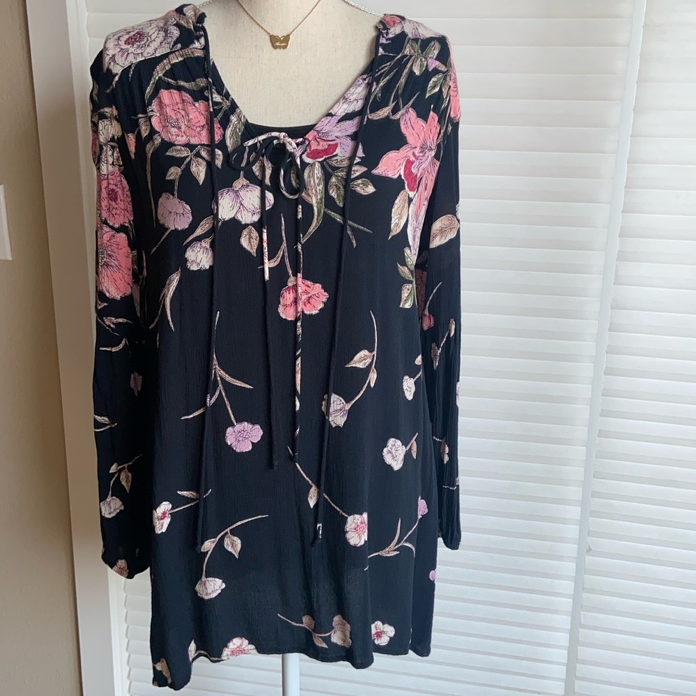 Billabong Floral Flowy Pink Black Crepe Mini Dress Small